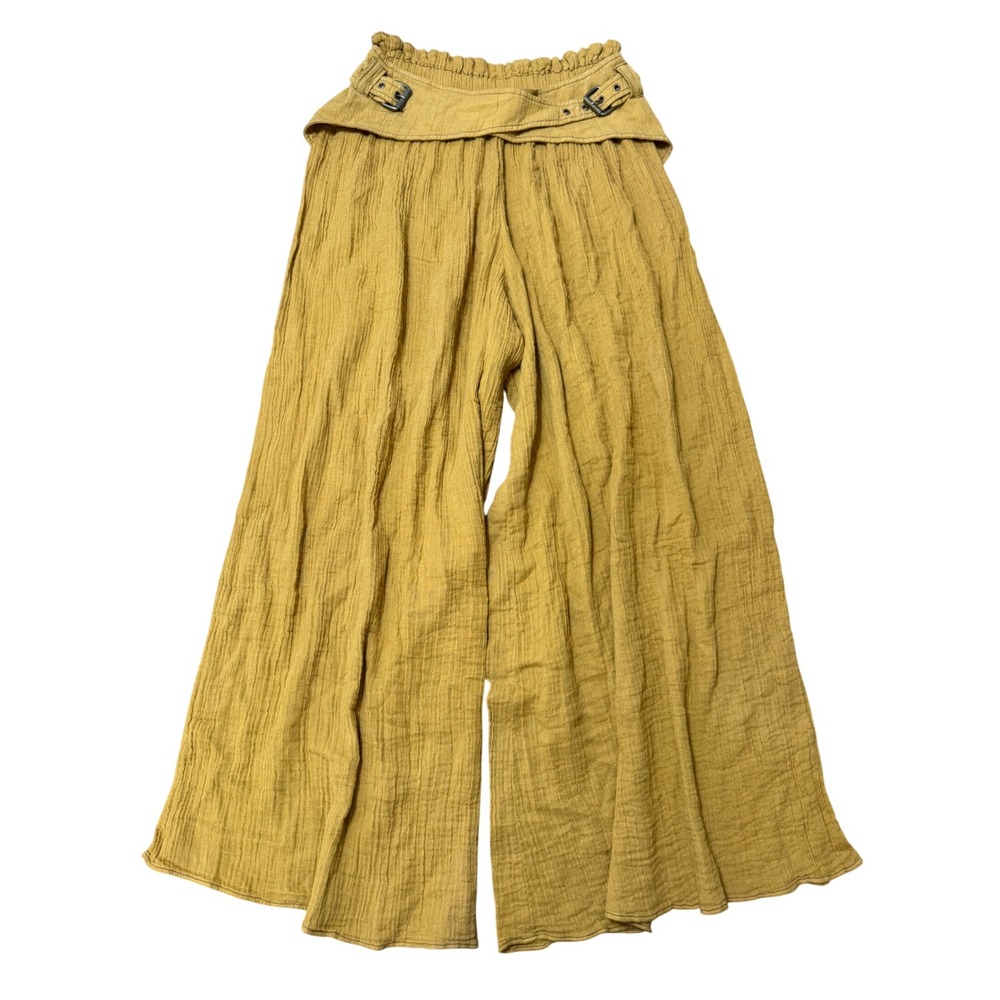 Free People Wide Leg Pants Womens XS Mustard Yellow Gauze Buckle Waist Excellent
